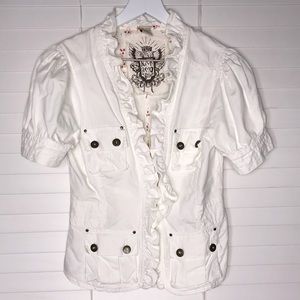 Nick & Mo Vintage White Ruffle Button Jean Jacket